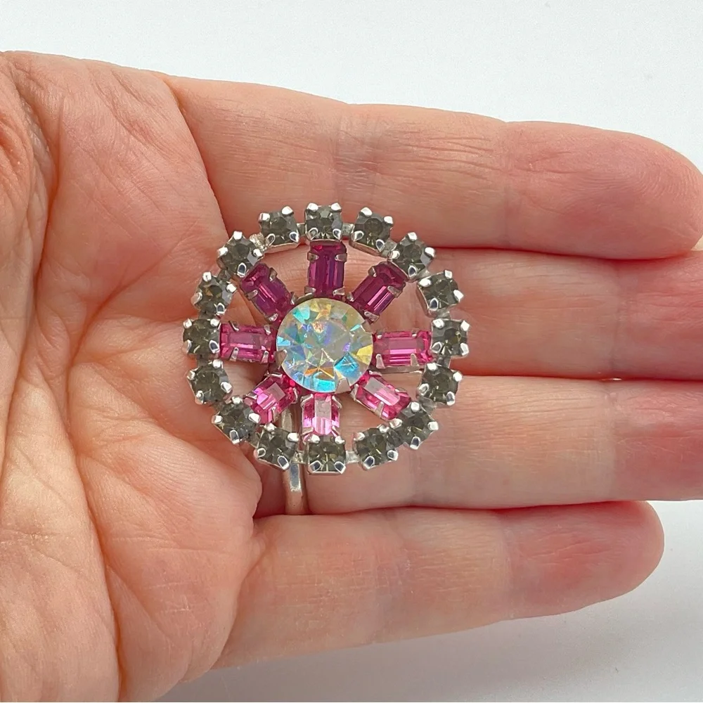 Coro Earrings, Signed, Pink AB & Gray Rhinestone Crystals, MCM, Super Sparkly